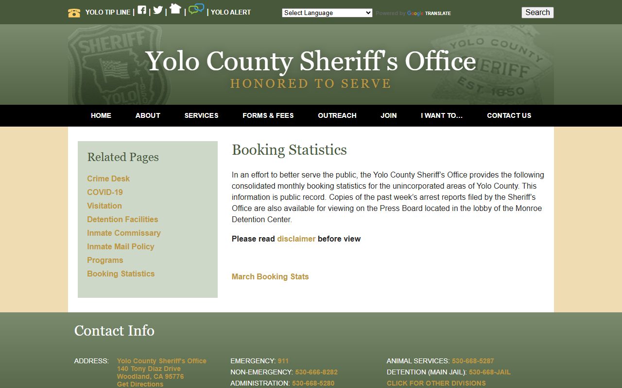 Yolo County inmate population booking statistics page