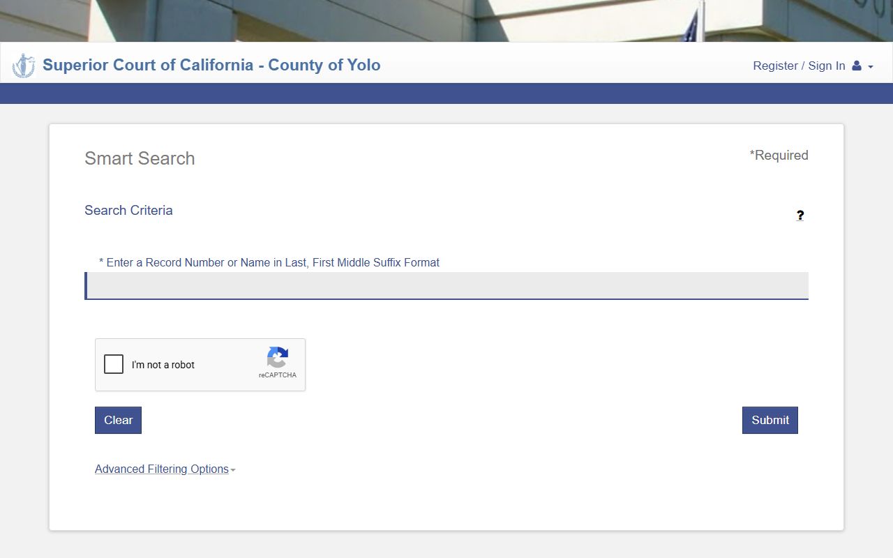 Yolo County court records Smart Search screen