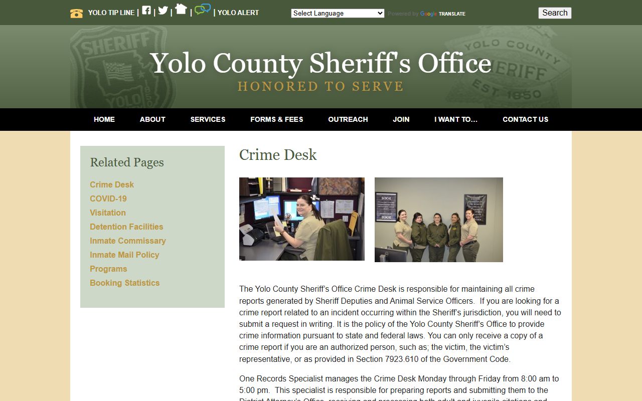 Yolo County jail booking photo records request Crime Desk page
