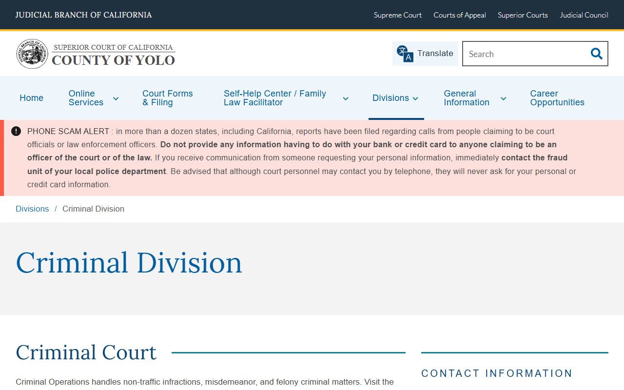 Yolo County court records Criminal Division page