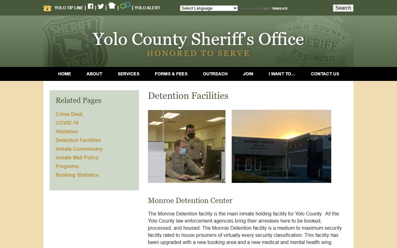 Yolo County Monroe Detention Center adult jail facility record page