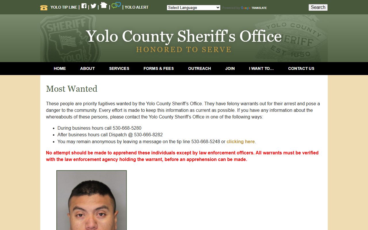 Yolo County most wanted page distinct from jail mugshots roster